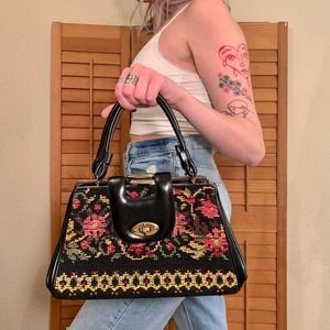 Antique 40s 50s Leather Needlepoint Handbag